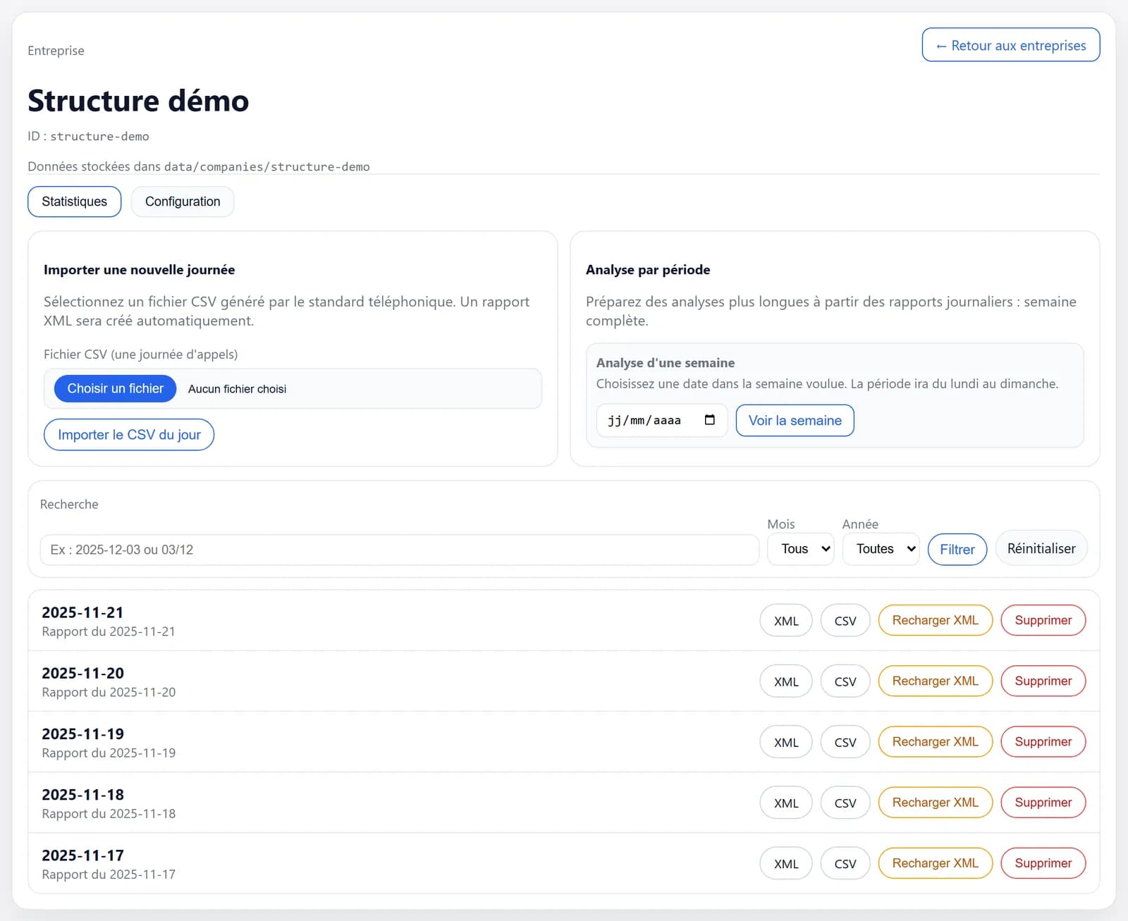 Page d'une structure dans Call Stats : onglets Statistiques et Configuration, formulaire d'import d'un CSV d'une journée, analyse d'une semaine par date, filtres, puis la liste des journées du 17 au 21 novembre 2025, chacune avec les boutons XML, CSV, Recharger XML et Supprimer.