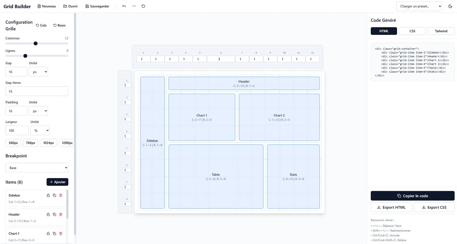Interface complète de CSS Grid Builder. En haut, les boutons Nouveau, Ouvrir et Sauvegarder, les icônes annuler, refaire et réinitialiser, un menu Charger un preset et le bouton de thème. À gauche, les réglages : colonnes, lignes, gap, gap items, padding, largeur, boutons de 360px à 1280px, breakpoint, puis la liste des éléments avec verrou, duplication et suppression. Au centre, la surface. À droite, les onglets HTML, CSS et Tailwind, le code HTML généré, les boutons Copier le code, Export HTML et Export CSS, et la liste des raccourcis clavier.