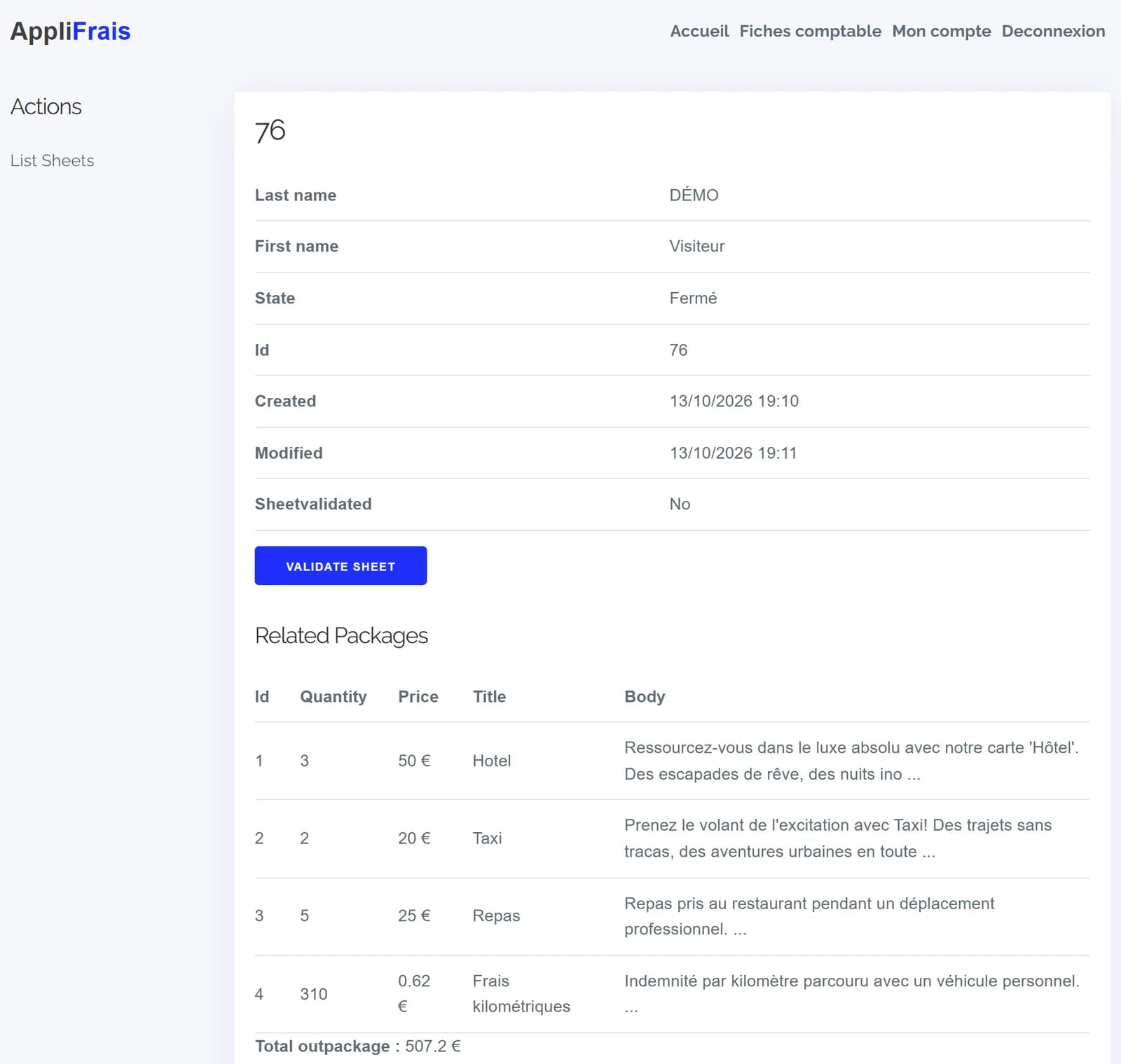 Vue comptable de la fiche de test 76 dans AppliFrais : le menu du haut ne montre que Accueil, Fiches comptable, Mon compte et Deconnexion, le menu latéral un lien List Sheets ; la fiche du visiteur DÉMO est à l'état Fermé, non validée, avec un bouton Validate Sheet ; en dessous, les quatre forfaits avec leurs quantités en simple texte et leur total de 507,2 €.