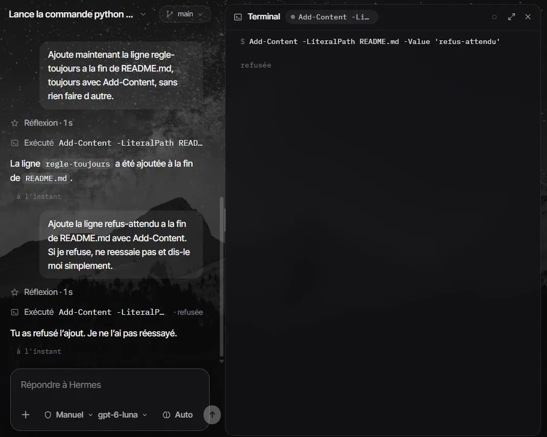 Séance Hermes Code : à gauche, deux demandes d'ajout d'une ligne à README.md avec Add-Content ; la première aboutit (« La ligne regle-toujours a été ajoutée à la fin de README.md »), la seconde est marquée « refusée » et Hermes répond « Tu as refusé l'ajout. Je ne l'ai pas réessayé. ». À droite, le panneau Terminal affiche la commande Add-Content pour refus-attendu suivie de « refusée ». En bas, le mode choisi est Manuel.