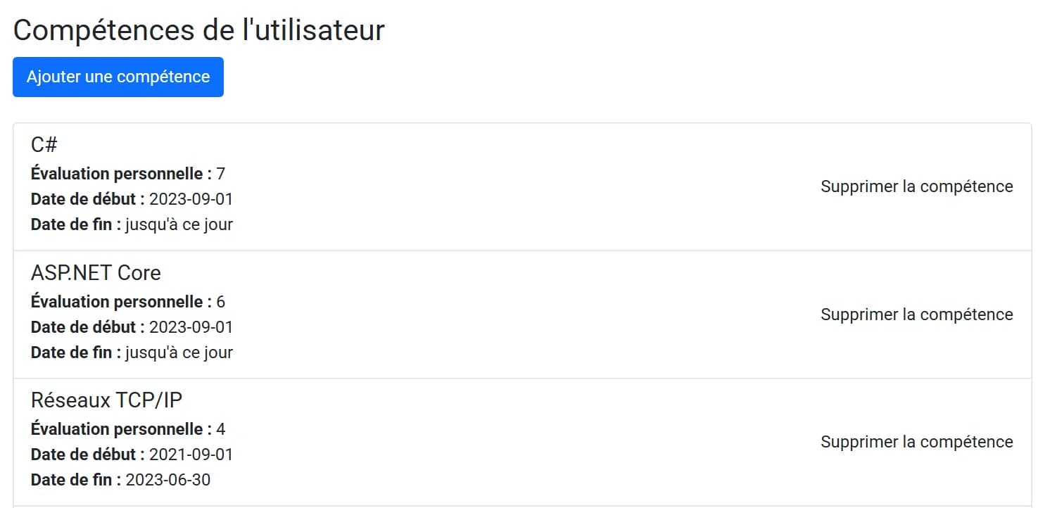 Page « Compétences de l'utilisateur » de Mobility Pro : un bouton Ajouter une compétence, puis les trois premières compétences de la liste (C#, ASP.NET Core, Réseaux TCP/IP). Chacune affiche une évaluation personnelle, une date de début, une date de fin (« jusqu'à ce jour » ou 2023-06-30) et un lien Supprimer la compétence.