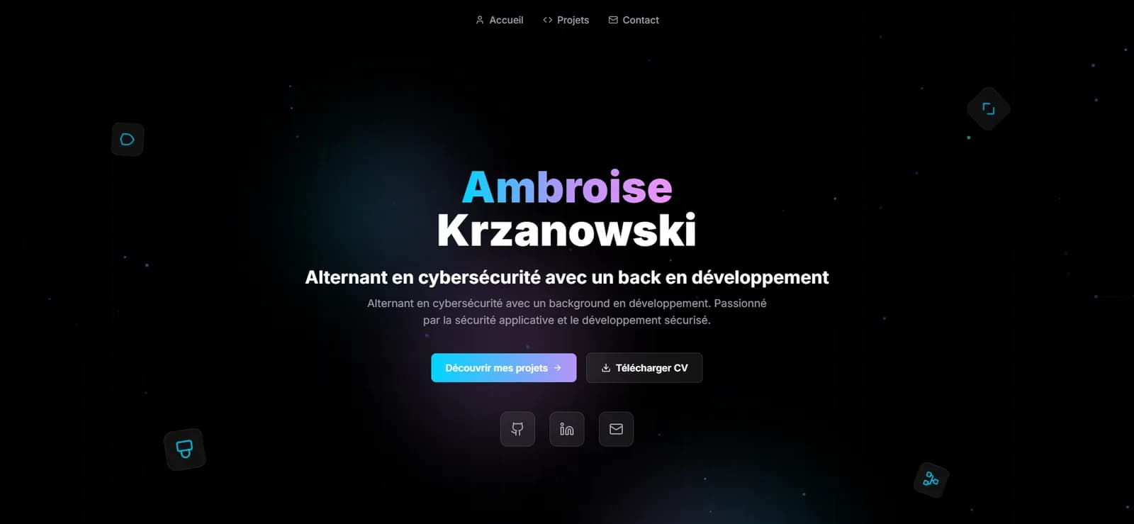 Haut de la page d'accueil publique sur fond noir semé de points. Une barre de navigation (Accueil, Projets, Contact), le nom Ambroise Krzanowski en grand, le titre « Alternant en cybersécurité avec un back en développement », un court texte, les boutons « Découvrir mes projets » et « Télécharger CV », puis trois icônes GitHub, LinkedIn et e-mail. Quatre icônes flottantes sont posées près des coins.