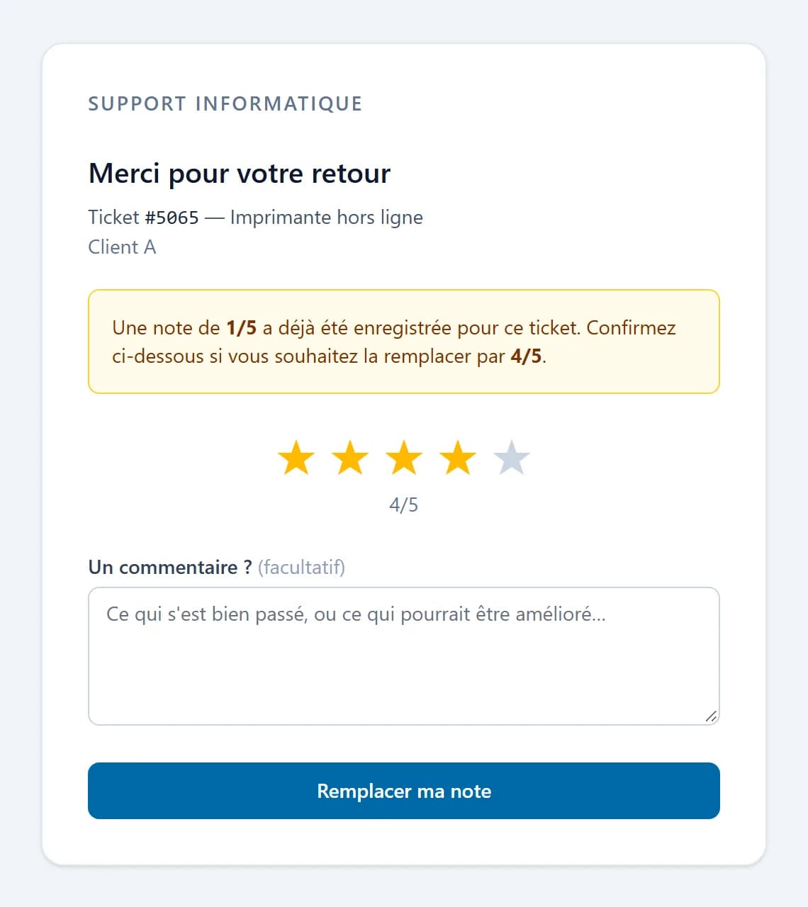 Page publique d'avis sur fond clair, titrée « Merci pour votre retour », pour le ticket #5065 « Imprimante hors ligne » de Client A. Un encadré jaune indique qu'une note de 1/5 est déjà enregistrée et demande de confirmer son remplacement par 4/5. Dessous : cinq étoiles dont quatre allumées, un champ de commentaire facultatif et un bouton « Remplacer ma note ».